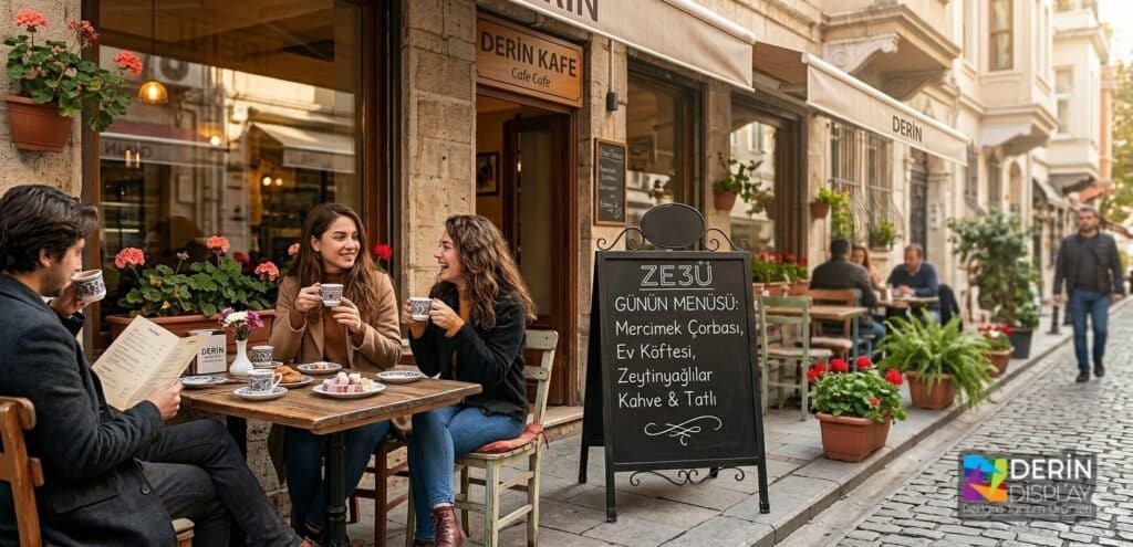 Bir kafenin ferforje menü panosu önünde oturan ve Türk kahvesi içen üç arkadaşın dış mekan fotoğrafı.