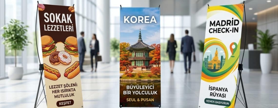 Modern bir ofis lobisinde sergilenen, üzerinde yemek görselleri, Kore seyahat afişi ve Madrid Check-In grafiği bulunan üç farklı X Banner Reklam Standı modeli. Hafif ve taşınabilir Derin Display reklam standları.