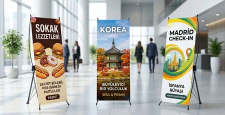 Modern bir ofis lobisinde sergilenen, üzerinde yemek görselleri, Kore seyahat afişi ve Madrid Check-In grafiği bulunan üç farklı X Banner Reklam Standı modeli. Hafif ve taşınabilir Derin Display reklam standları.