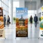 Modern bir ofis lobisinde sergilenen, üzerinde yemek görselleri, Kore seyahat afişi ve Madrid Check-In grafiği bulunan üç farklı X Banner Reklam Standı modeli. Hafif ve taşınabilir Derin Display reklam standları.