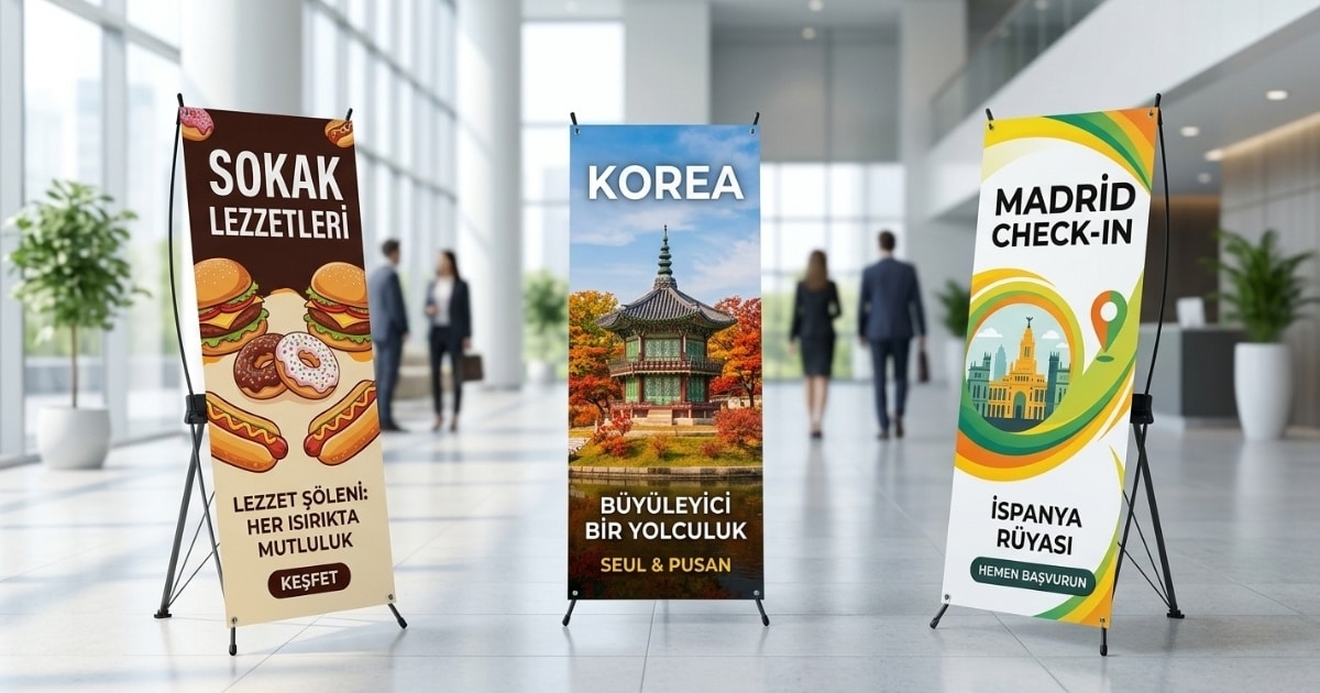 Modern bir ofis lobisinde sergilenen, üzerinde yemek görselleri, Kore seyahat afişi ve Madrid Check-In grafiği bulunan üç farklı X Banner Reklam Standı modeli. Hafif ve taşınabilir Derin Display reklam standları.