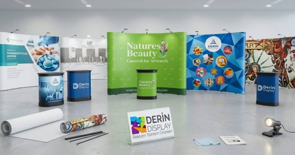 Derin Display marka fuar organizasyon ekipmanları; oval ve düz örümcek stand modelleri, tanıtım masaları, yedek baskı panelleri ve aydınlatma spotları ile modern bir sergi alanında bir arada.