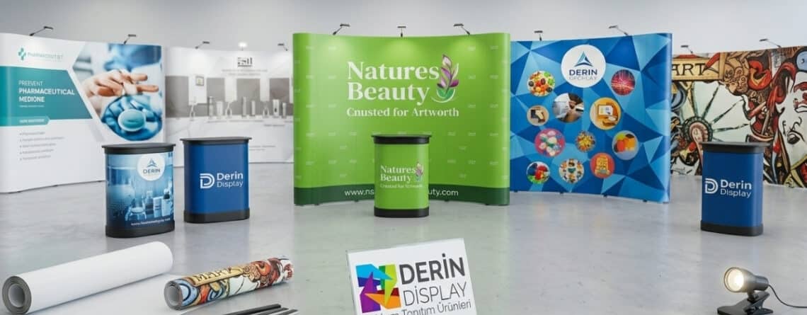 Derin Display marka fuar organizasyon ekipmanları; oval ve düz örümcek stand modelleri, tanıtım masaları, yedek baskı panelleri ve aydınlatma spotları ile modern bir sergi alanında bir arada.