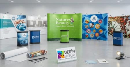Derin Display marka fuar organizasyon ekipmanları; oval ve düz örümcek stand modelleri, tanıtım masaları, yedek baskı panelleri ve aydınlatma spotları ile modern bir sergi alanında bir arada.