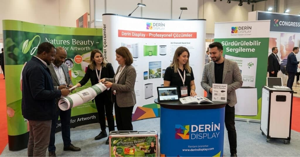 Derin Display marka fuar organizasyon ürünleri; farklı grafik tasarımlarına sahip oval ve düz örümcek stand modelleri, aydınlatma armatürleri, logolu banko ve kurulum için gerekli manyetik şeritler modern bir sergi alanında bir arada.