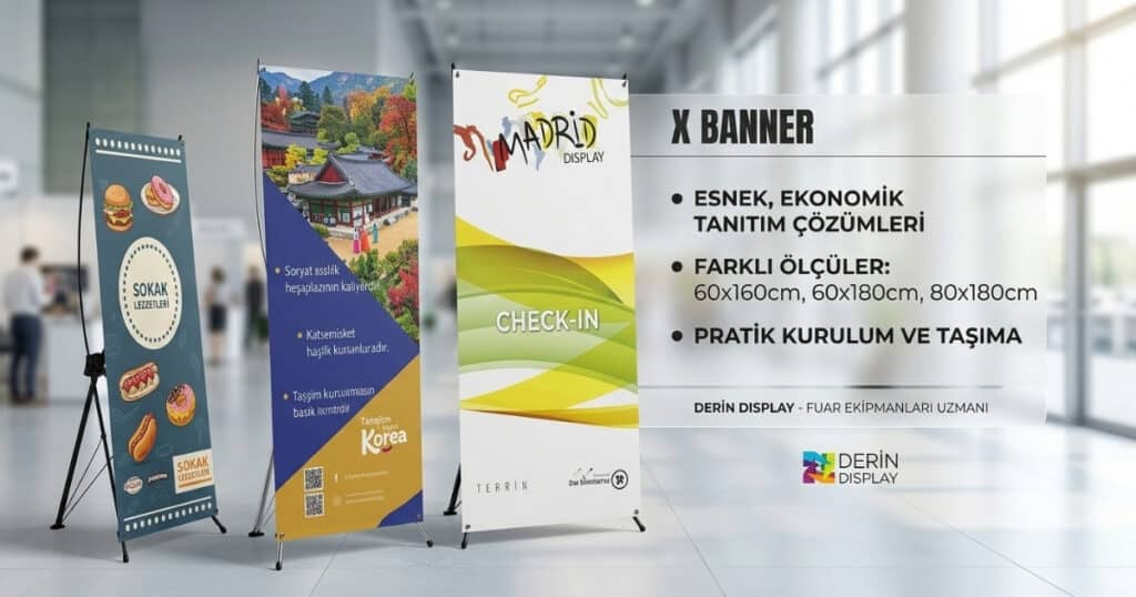 Modern bir fuar alanında sergilenen, Sokak Lezzetleri, Kore Turizm ve Madrid Check-In tasarımlı üç farklı X Banner Reklam Standı modeli. Hafif ve taşınabilir Derin Display stand çeşitleri.
