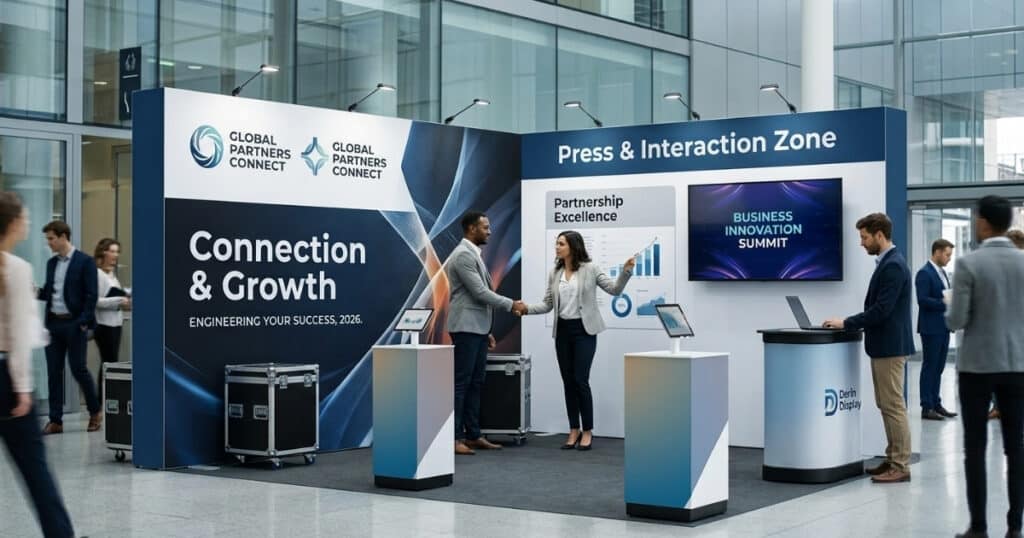 Modern fuar alanında yenilikçi Global Partners Connect L-tipi stand tasarımı. Sol panelde 'GLOBAL PARTNERS CONNECT' logosu ve 'Connection & Growth' yazısı, sağ panelde 'Press & Interaction Zone' ve 'Partnership Excellence' yazıları ile TV ekranı yer alıyor. İki profesyonel el sıkışırken, diğeri tableti inceliyor. Arka planda fuar katılımcıları ve 'Derin Display' logosu görülüyor.