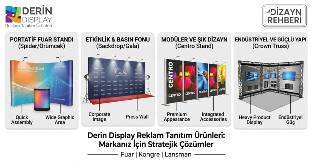 Bu görsel, Derin Display fuar ve etkinlik stand çözümlerini karşılaştıran bir infografik rehberdir. Görselde, Örümcek Stand, Backdrop Stand, Centro Stand ve Crown Truss Stand modellerinin görsel örnekleri, karakteristik özellikleri, kurulum avantajları ve kullanım alanları detaylı bir şekilde sunulmaktadır. Ayrıca, markaların doğru standı seçmelerine yardımcı olacak stratejik bilgiler ve teknik optimizasyon detayları da yer alır.