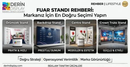 Bu görsel, Derin Display fuar standı modelleri hakkında bilgilendirici bir rehberdir. Görselde, Örümcek Stand'ın pratikliği, Backdrop Stand'ın prestijli sunumu, Centro Stand'ın modülerliği ve Crown Truss Stand'ın güçlü yapısı vurgulanmaktadır. Markalar, bu görsel sayesinde kendileri için en uygun fuar standı modelini seçerek fuarlarda daha etkili bir varlık gösterebilirler.