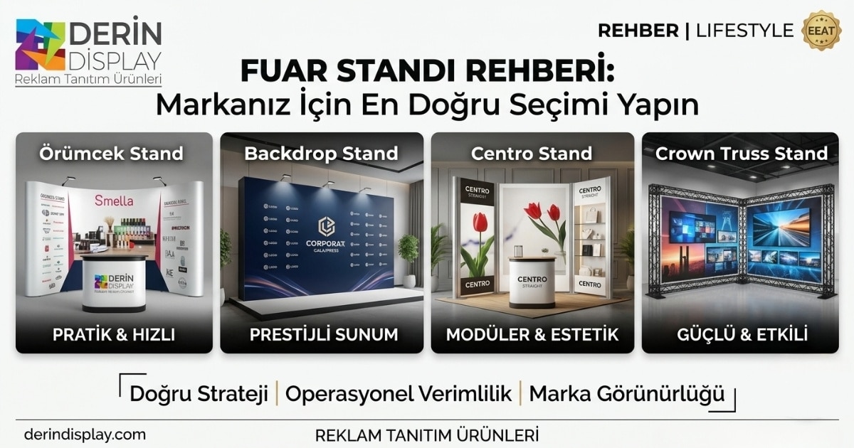 Bu görsel, Derin Display fuar standı modelleri hakkında bilgilendirici bir rehberdir. Görselde, Örümcek Stand'ın pratikliği, Backdrop Stand'ın prestijli sunumu, Centro Stand'ın modülerliği ve Crown Truss Stand'ın güçlü yapısı vurgulanmaktadır. Markalar, bu görsel sayesinde kendileri için en uygun fuar standı modelini seçerek fuarlarda daha etkili bir varlık gösterebilirler.