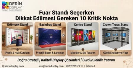 Derin Display fuar standı seçim rehberi infografiği: Örümcek stand, Backdrop stand, Centro stand ve Crown truss stand modellerinin karşılaştırması ve 10 kritik seçim noktası.