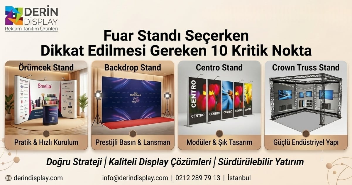 Derin Display fuar standı seçim rehberi infografiği: Örümcek stand, Backdrop stand, Centro stand ve Crown truss stand modellerinin karşılaştırması ve 10 kritik seçim noktası.