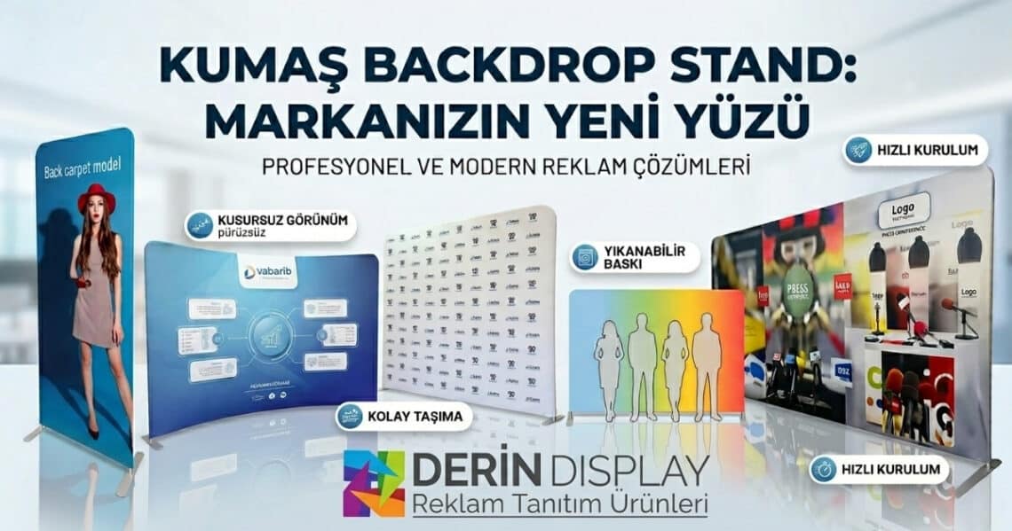 Farklı etkinlik ve fuarlar için Derin Display tarafından sunulan kumaş backdrop stand modellerinin toplu görünümü. Görselde; kavisli corporate stand, model baskılı dar stand, logo tekrarı duvar standı ve renkli gölge baskılı stand örnekleri, Türkçe özellik etiketleri ile birlikte sergilenmektedir.