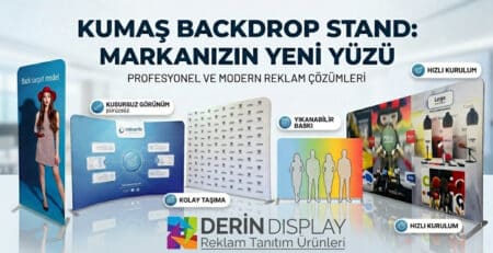 Farklı etkinlik ve fuarlar için Derin Display tarafından sunulan kumaş backdrop stand modellerinin toplu görünümü. Görselde; kavisli corporate stand, model baskılı dar stand, logo tekrarı duvar standı ve renkli gölge baskılı stand örnekleri, Türkçe özellik etiketleri ile birlikte sergilenmektedir.