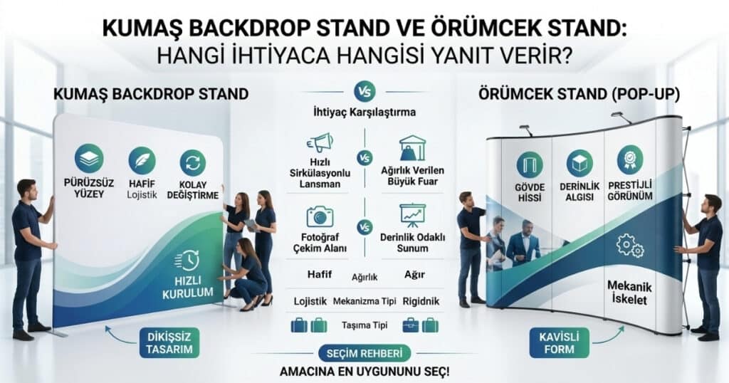 Fuar ve etkinlikler için Kumaş Backdrop Stand ve Örümcek Stand arasındaki farklar; ürünlerin ağırlık, mekanizma tipi, taşıma kolaylığı ve ideal kullanım alanları açısından karşılaştırıldığı bilgilendirici rehber görseli.