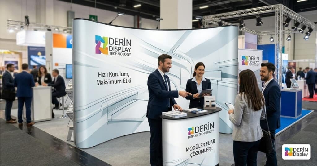 Modern fuar alanında uzman Derin Display ekibi, Örümcek Stand fuar çözümünü katılımcılara tanıtıyor ve grafiklerini gösteriyor.