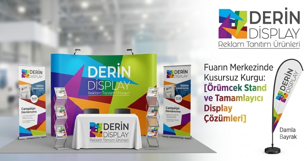 Derin Display imzalı, örümcek stand, tanıtım masası, roll-up banner ve damla bayraktan oluşan profesyonel fuar standı kurulum seti.