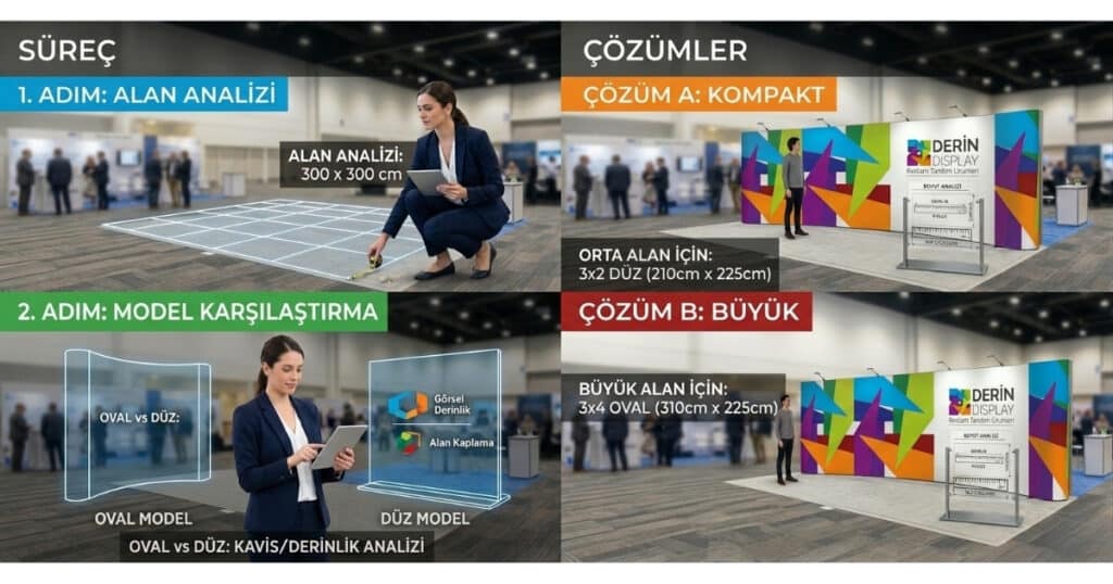 Fuar alanı analizi yapan bir uzman ve oval/düz örümcek stand modellerinin karşılaştırmalı teknik analiz süreci.