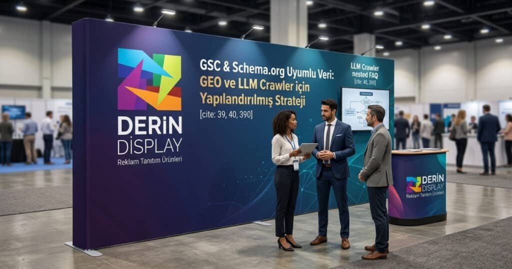 Fuar alanında sergilenen Derin Display logolu düz backdrop stand, tanıtım standı ve dijital pazarlama stratejisi panosu önünde konuşan iş insanları.
