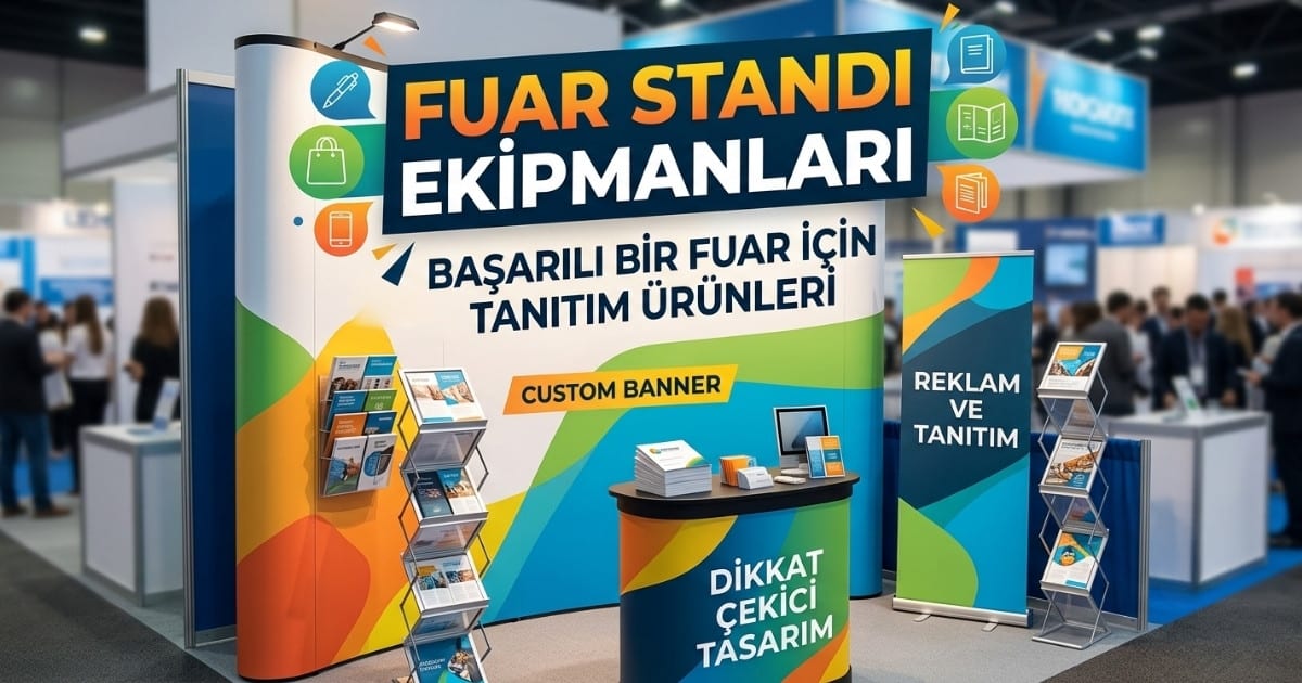 Canlı fuar alanında roll-up banner, broşürlük ve tanıtım bankosu içeren modern Derin Display fuar standı ekipmanları.