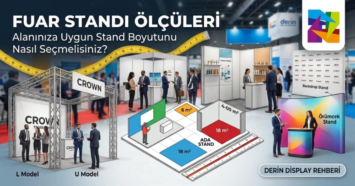 Fuar alanında farklı fuar standı ölçülerini, ada stand planlarını, Crown Truss stand, Örümcek ve Centro stand modellerini gösteren teknik ölçüm ve yerleşim planı rehberi.