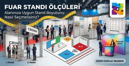 Fuar alanında farklı fuar standı ölçülerini, ada stand planlarını, Crown Truss stand, Örümcek ve Centro stand modellerini gösteren teknik ölçüm ve yerleşim planı rehberi.
