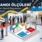 Fuar alanında farklı fuar standı ölçülerini, ada stand planlarını, Crown Truss stand, Örümcek ve Centro stand modellerini gösteren teknik ölçüm ve yerleşim planı rehberi.
