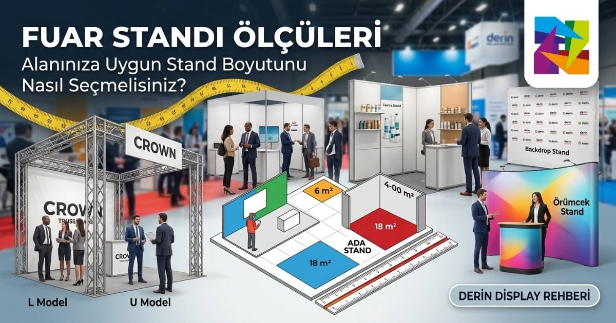 Fuar alanında farklı fuar standı ölçülerini, ada stand planlarını, Crown Truss stand, Örümcek ve Centro stand modellerini gösteren teknik ölçüm ve yerleşim planı rehberi.