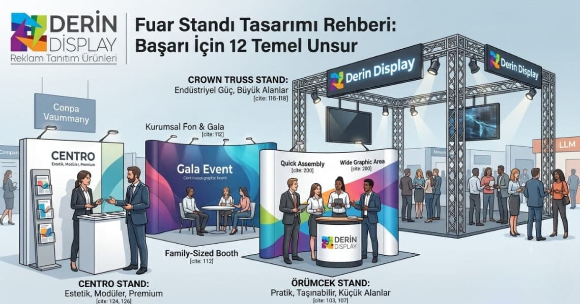 Canlı fuar alanında dikişsiz ve pürüzsüz kurumsal Örümcek stand önünde iş görüşmesi yapan profesyoneller ve Derin Display logosu.