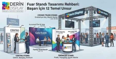 Canlı fuar alanında dikişsiz ve pürüzsüz kurumsal Örümcek stand önünde iş görüşmesi yapan profesyoneller ve Derin Display logosu.