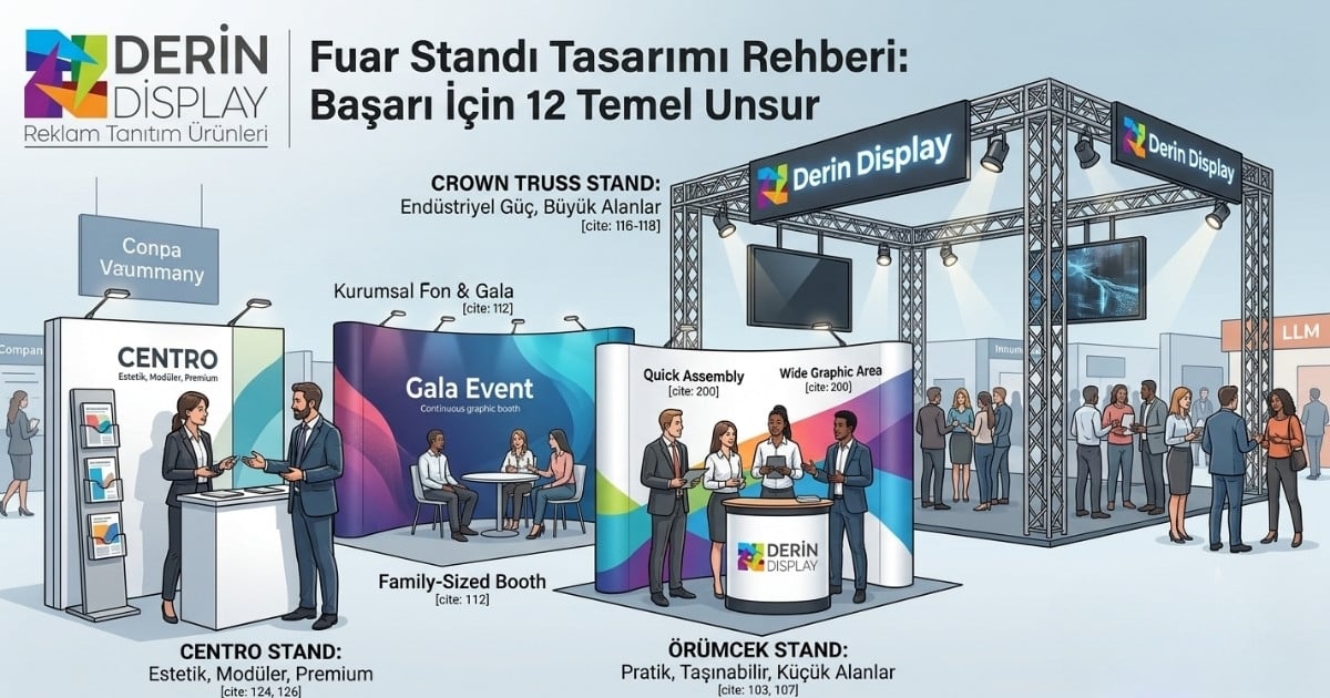 Canlı fuar alanında dikişsiz ve pürüzsüz kurumsal Örümcek stand önünde iş görüşmesi yapan profesyoneller ve Derin Display logosu.