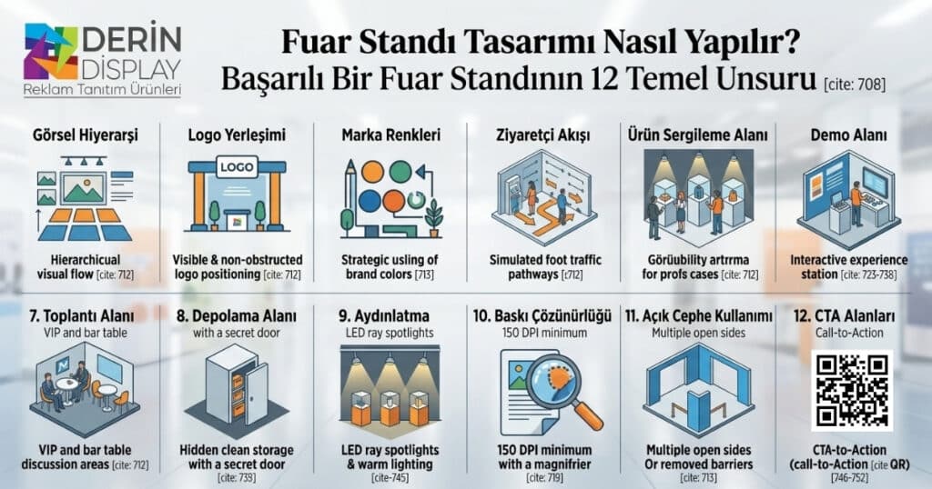 Derin Display fuar standı tasarımı rehberi: Başarılı bir fuar standının 12 temel unsurunu içeren infografik. Görsel hiyerarşi, logo yerleşimi, marka renkleri, ziyaretçi akışı, ürün sergileme, demo, toplantı, depolama alanları, LED aydınlatma, baskı çözünürlüğü, açık cephe kullanımı ve CTA alanları teknik detayları.