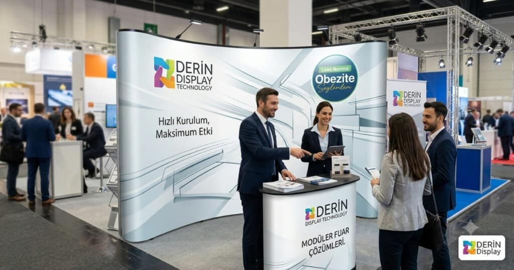 Modern fuar alanında uzman Derin Display ekibi, Örümcek Stand fuar çözümünü katılımcılara tanıtıyor ve grafiklerini gösteriyor.