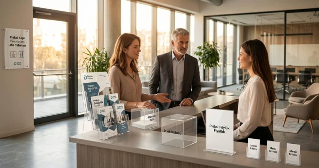 Bir ofis resepsiyonunda sergilenen farklı pleksi ürün çeşitleri: Masaüstü A4 ve basamaklı broşürlükler, menü tutucu föylükler, kilitli şikayet ve dilek kutuları ile duvara monte pleksi kapı tabelası örneği.