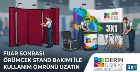 Fuar sonrası örümcek stand bakımı için baskı paneli temizliği ve alüminyum gövde kontrolü yapan teknisyen ile Derin Display logosu.