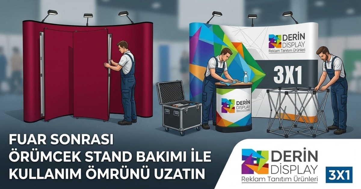 Fuar sonrası örümcek stand bakımı için baskı paneli temizliği ve alüminyum gövde kontrolü yapan teknisyen ile Derin Display logosu.