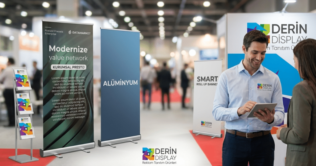 Modern fuar alanında sergilenen Derin Display marka Lux Pro alüminyum roll up banner stand çeşitleri ve broşürlük.