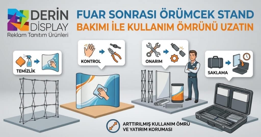 Fuar sonrası örümcek stand bakımı için temizlik, kontrol, onarım ve saklama aşamalarını gösteren infografik ve Derin Display logosu.