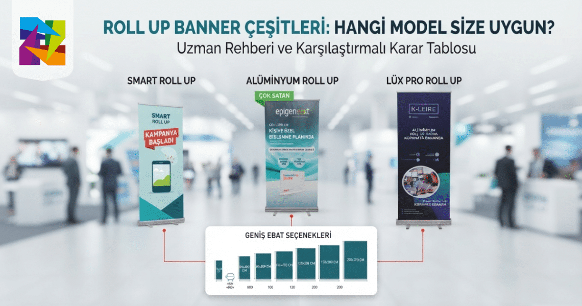 Derin Display kalitesiyle üretilen alüminyum, lüx pro ve smart roll up banner çeşitleri; farklı ölçü ve modelleriyle fuar, etkinlik ve ofis içi tanıtımlar için inceleniyor.