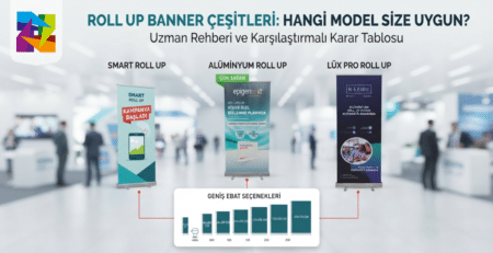 Derin Display kalitesiyle üretilen alüminyum, lüx pro ve smart roll up banner çeşitleri; farklı ölçü ve modelleriyle fuar, etkinlik ve ofis içi tanıtımlar için inceleniyor.