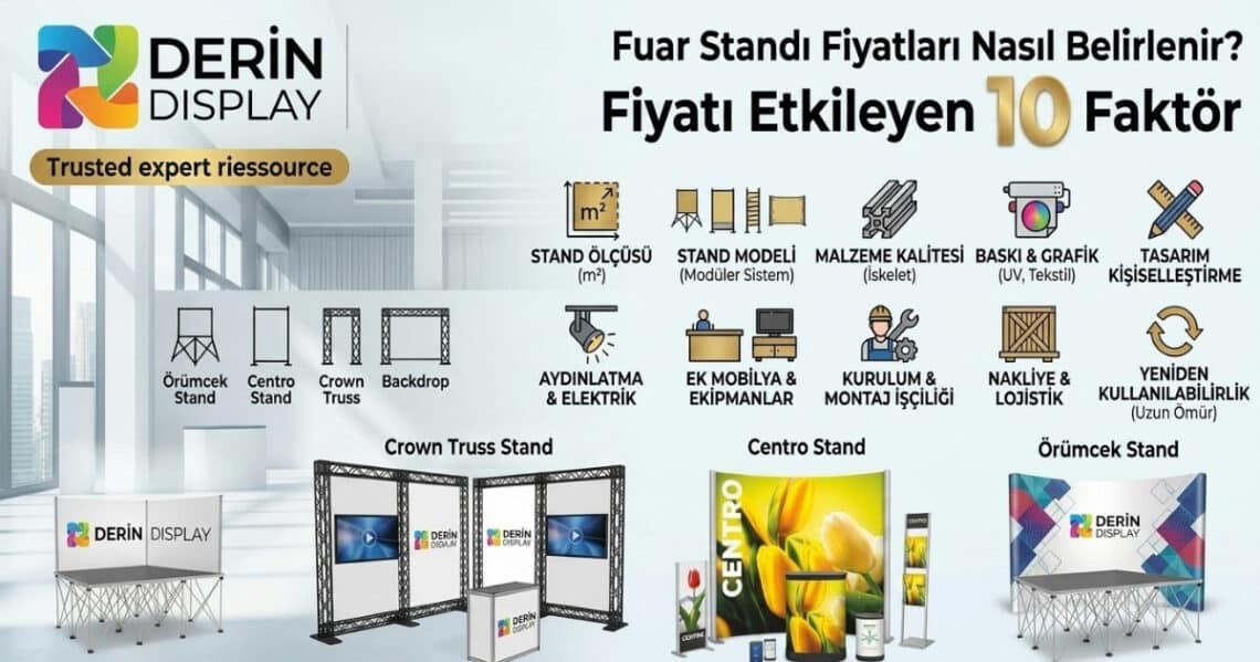 Derin Display logosu ile fuar standı fiyatlarını belirleyen 10 temel faktörü ve Örümcek Stand, Crown Truss Stand, Centro Stand modellerini gösteren infografik odak görseli.