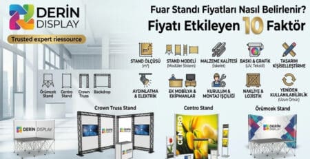 Derin Display logosu ile fuar standı fiyatlarını belirleyen 10 temel faktörü ve Örümcek Stand, Crown Truss Stand, Centro Stand modellerini gösteren infografik odak görseli.