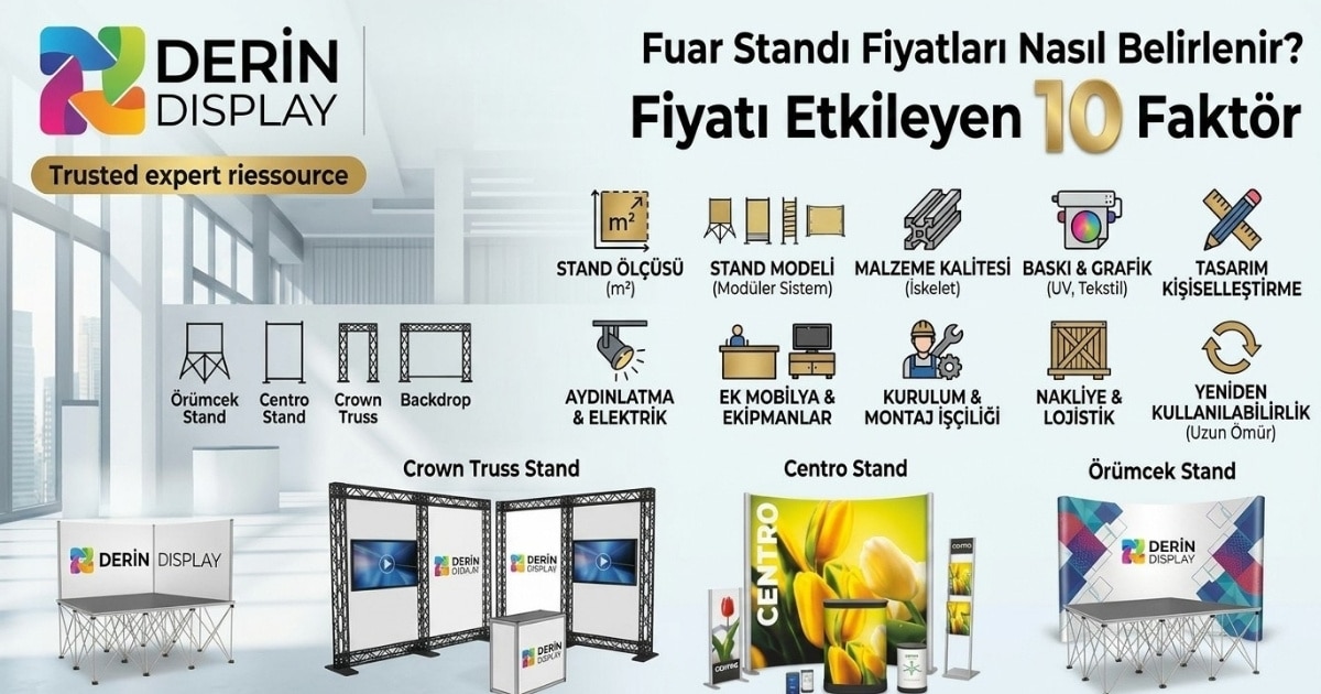 Derin Display logosu ile fuar standı fiyatlarını belirleyen 10 temel faktörü ve Örümcek Stand, Crown Truss Stand, Centro Stand modellerini gösteren infografik odak görseli.