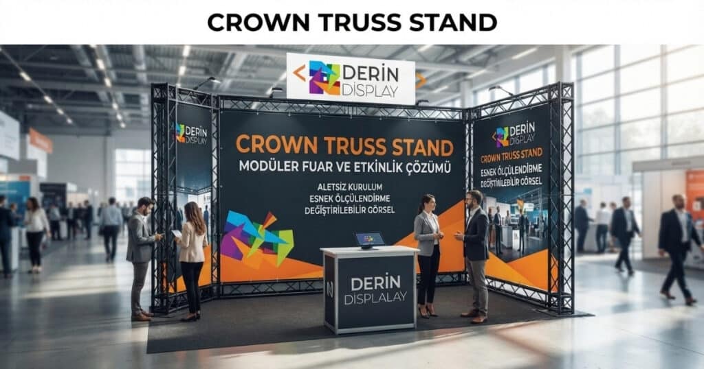 Aletsiz kurulabilir ve esnek ölçü seçeneklerine sahip Crown Truss Stand ile tasarlanmış profesyonel modüler fuar standı alanı