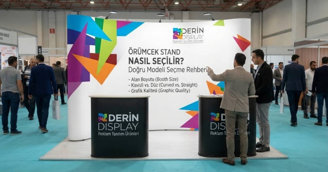 Fuar alanında sergilenen Derin Display logolu kavisli örümcek stand ve tanıtım masası modeli, fuar standı seçim rehber