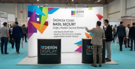 Fuar alanında sergilenen Derin Display logolu kavisli örümcek stand ve tanıtım masası modeli, fuar standı seçim rehber